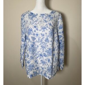 Charter Club Luxury 100% Linen Butterfly Floral Embroidery Top Size S Blue White